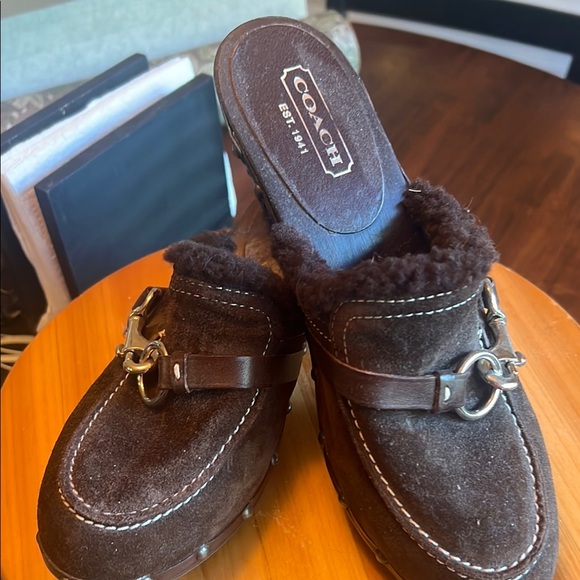 Coach Brown Suede Mules with Gold Accents - Picture 1 of 3